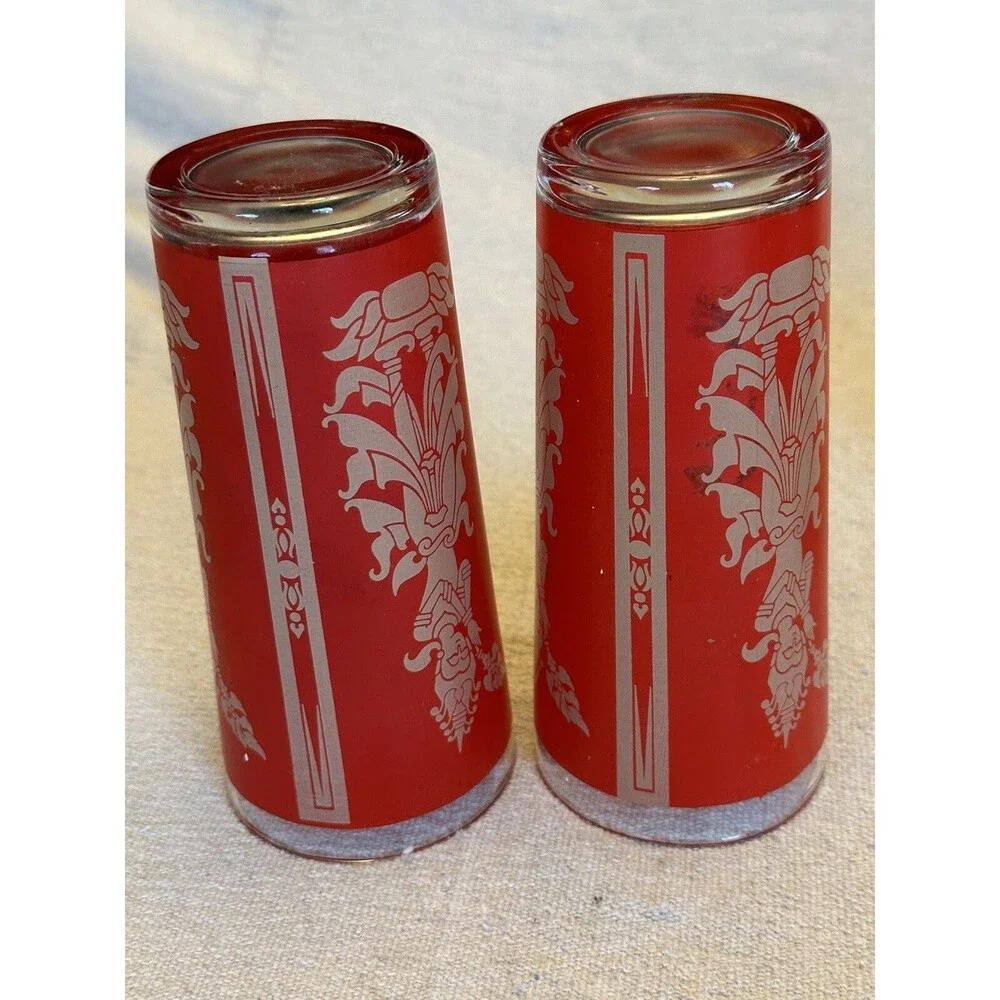 Set 2 VTG 1960 Mid Century Culver Red Gold Siam Thai Goddess Drinking Glasses